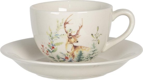 Clayre & Eef Kop en schotel 11*9*7 cm / Ø 15*2 cm / 200 ml Wit Keramiek Rond Hert Servies Cadeau voor haar Cappuccino