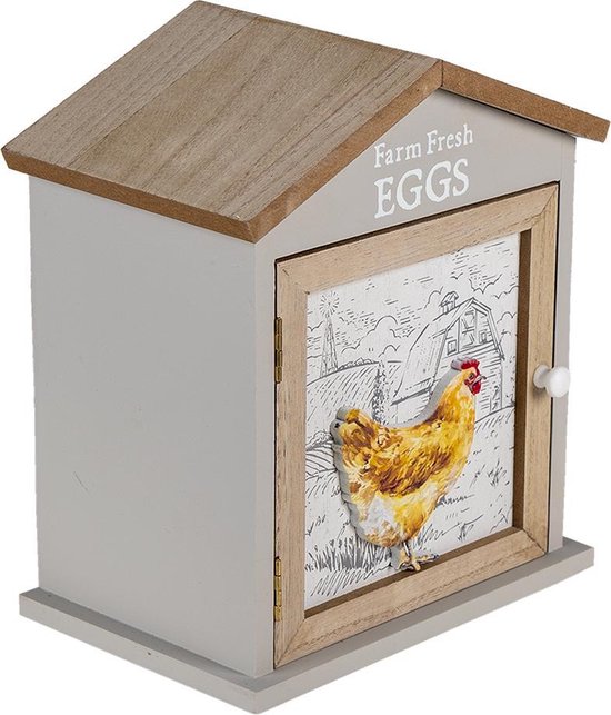 Clayre & Eef Eierkastje Huis 19*13*23 cm Bruin Hout Kip Farm Fresh Eggs Eierhouder