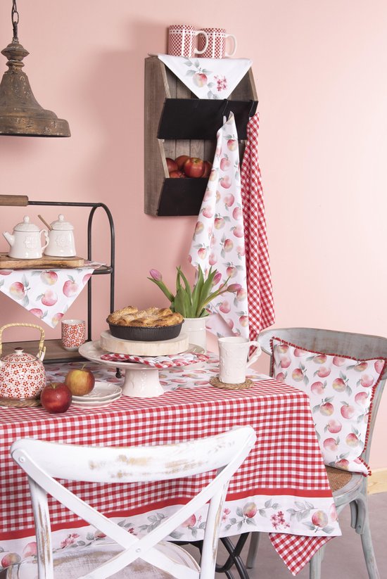 Clayre & Eef Keukenschort 70*85 cm Rood Groen Wit Katoen Appels BBQ Schort Cadeau voor haar Kookschort