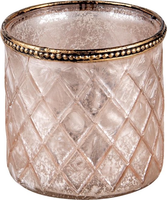 Clayre & Eef Glazen Theelichthouder Ø 10*10 cm Bruin Glas, Metaal Rond Waxinelichthouder Windlichthouder