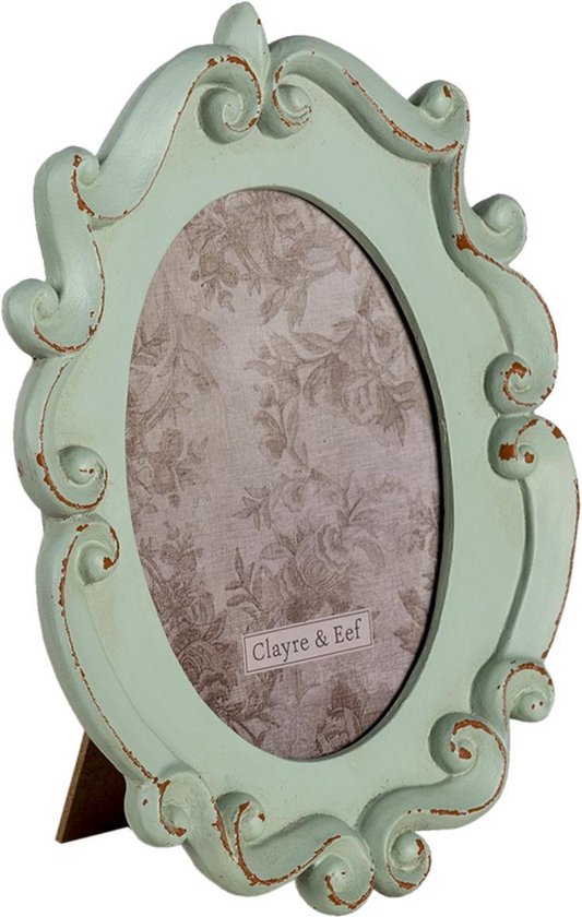 Clayre & Eef Fotolijst 19*2*25 cm / 12*16 cm Turquoise Kunststof, Glas Ovaal Krullen Fotokader Wissellijst Foto Frame
