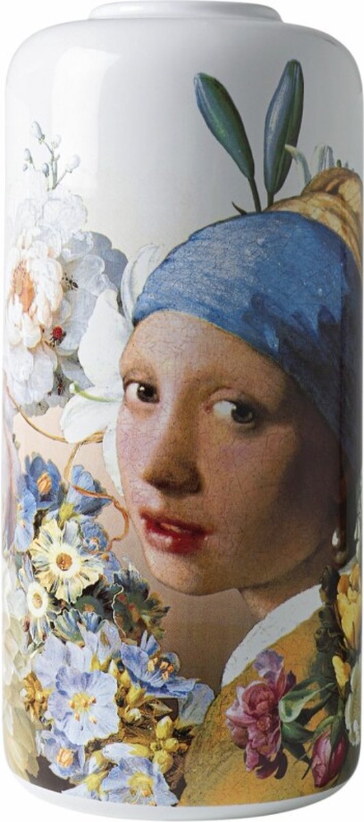 Heinen Delfts Blauw | Cilindervaas Meisje met de parel pastel | Ø 13 cm, H 31 cm