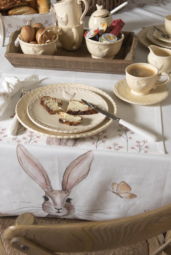 Clayre & Eef Kop en schotel 12*9*7 cm / Ø 15*2 cm / 200 ml Beige Keramiek Rond Kip Servies Cadeau voor haar Cappuccino