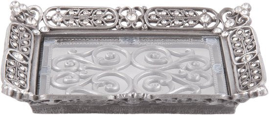 Clayre & Eef Serveerschaal 6ZI364 13*10*2 cm Zilverkleurig Ijzer Rechthoek Presenteerschaal Dienblad Decoratie Schaal