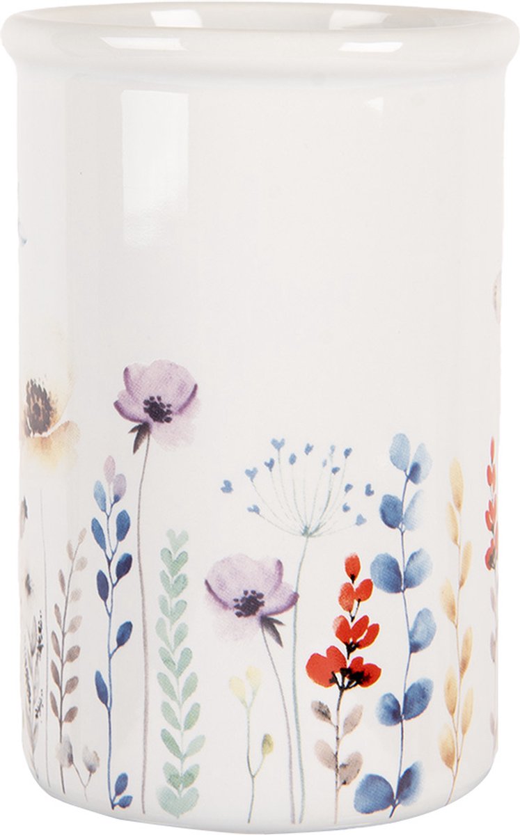 Clayre & Eef Tandenborstelhouder Ø 8x12 cm Wit Keramiek Bloemen