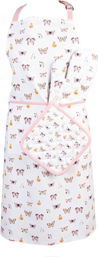 Clayre & Eef Keukenschort 70x85 cm Beige Roze Katoen Vlinders BBQ Schort Cadeau voor haar Kookschort