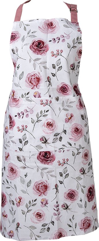 Clayre & Eef Keukenschort 70*85 cm Wit Roze Groen Katoen Rozen BBQ Schort Cadeau voor haar Kookschort