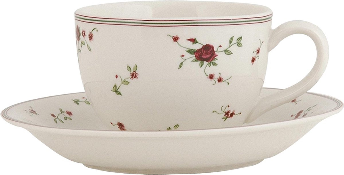 Clayre & Eef Kop en schotel 200 ml Beige Keramiek Rond Bloemen Servies Cadeau voor haar Cappuccino