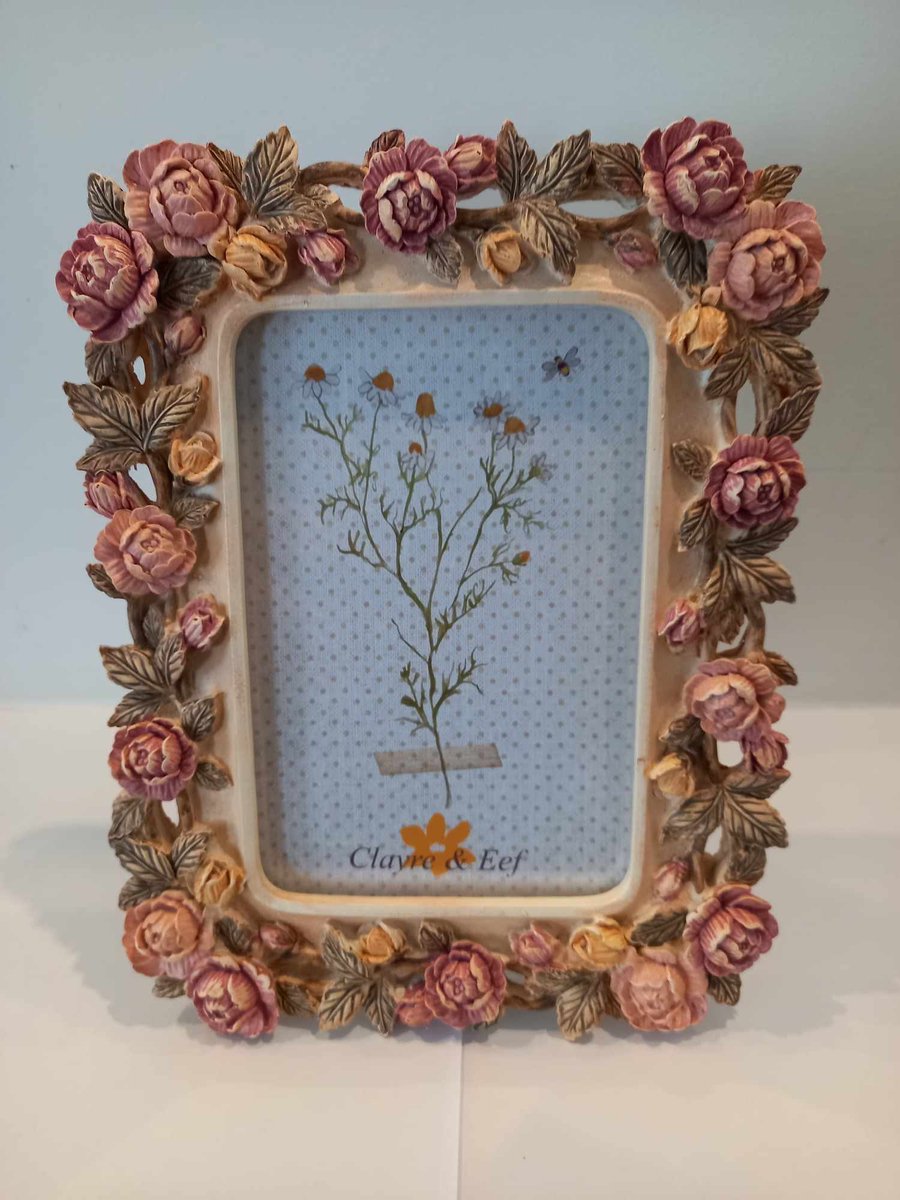 Clayre & Eef Fotolijst 10x15 cm Roze Kunststof Glas Roosjes Fotokader