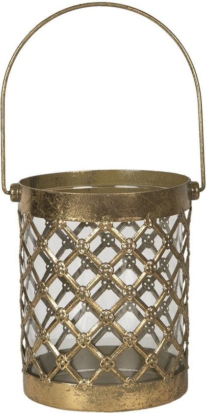 Clayre & Eef Theelichthouder Ø 13*16 cm Goudkleurig Ijzer Glas Rond Waxinelichthouder Windlichthouder