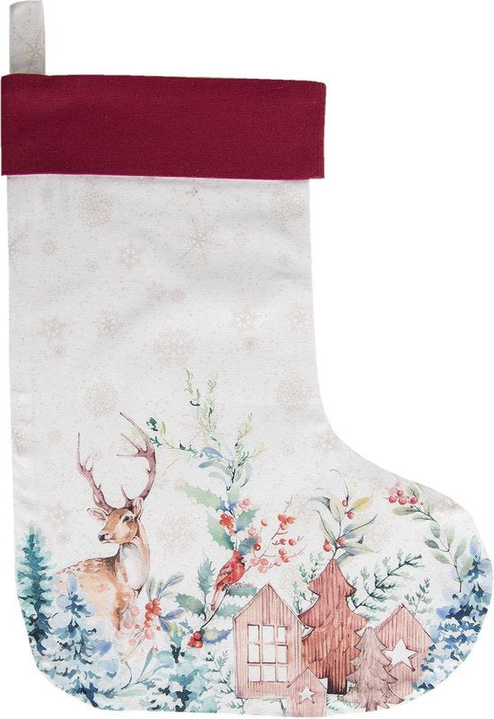 Clayre & Eef Kerstsok Decoratie 30*40 cm Wit Rood Katoen Kerst Kerstsok Kerstsok openhaard