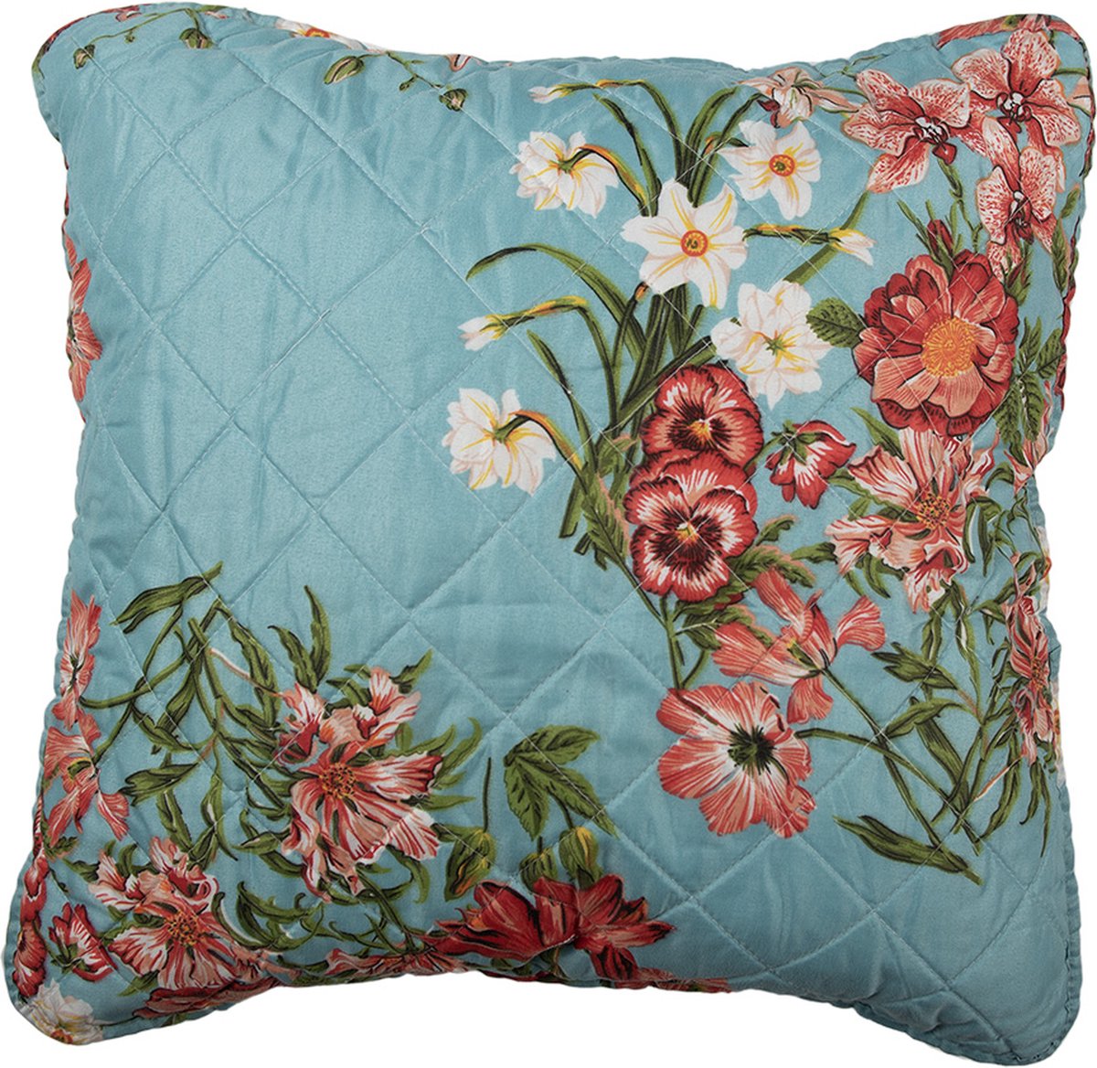 Clayre & Eef Kussenhoes 50x50 cm Blauw Roze Katoen Polyester Bloemen Sierkussenhoes