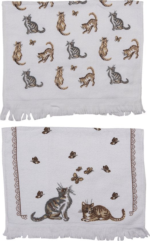 Clayre & Eef Gastendoekje Set van 2 40*66 cm Beige, Grijs, Wit Katoen Katten Toilet handdoek Kleine Handdoek Gastendoek