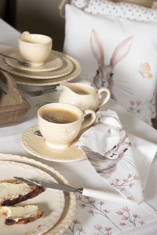 Clayre & Eef Kop en schotel 12*9*7 cm / Ø 15*2 cm / 200 ml Beige Keramiek Rond Kip Servies Cadeau voor haar Cappuccino