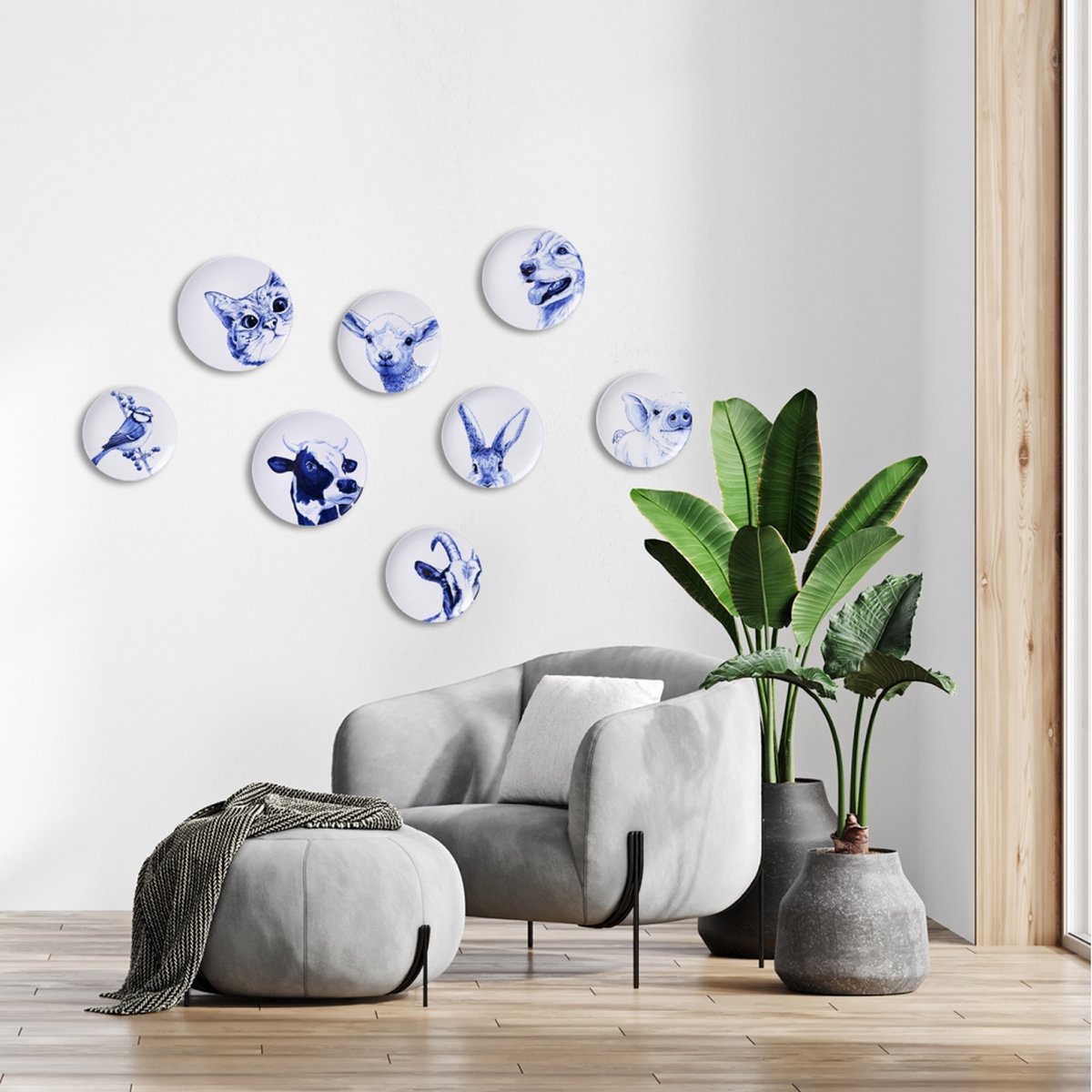 Heinen Delfts Blauw Wandbord Poes - Keramiek - Blauw - 31 x 31 x 0 cm (BxHxD)