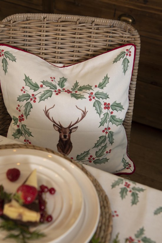 Clayre & Eef Kussenhoes 40*40 cm Wit Rood Katoen Vierkant Hulstblaadjes, rendier Sierkussenhoes Kussen hoes
