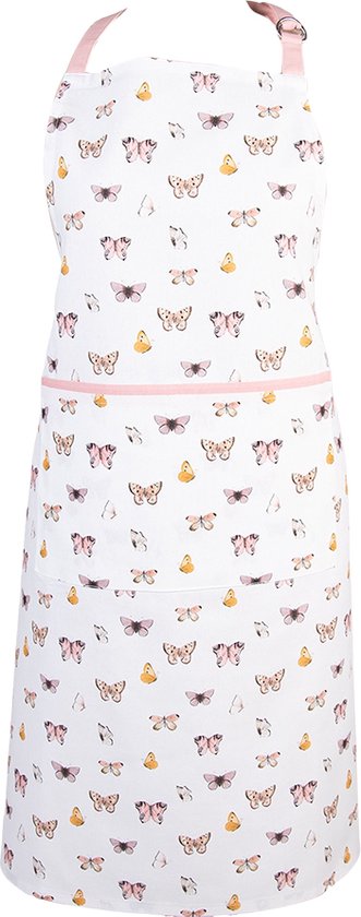 Clayre & Eef Keukenschort 70x85 cm Beige Roze Katoen Vlinders BBQ Schort Cadeau voor haar Kookschort
