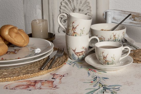 Clayre & Eef Kop en schotel 11*9*7 cm / Ø 15*2 cm / 200 ml Wit Keramiek Rond Hert Servies Cadeau voor haar Cappuccino