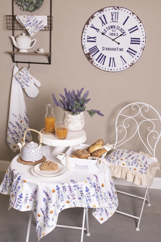 Clayre & Eef Keukenschort 70*85 cm Wit Paars Katoen lavendel BBQ Schort Cadeau voor haar Kookschort