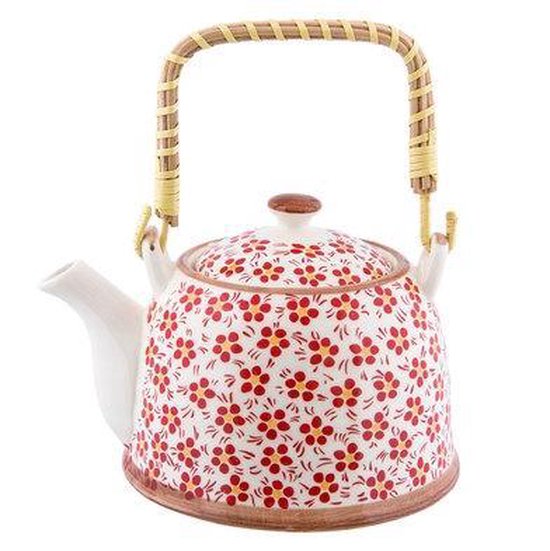 Clayre & Eef Theepot met Filter 18*14*12 cm / 700 ml Rood Keramiek Rond Bloemen Theekan Cadeau voor haar Chinese Theepot
