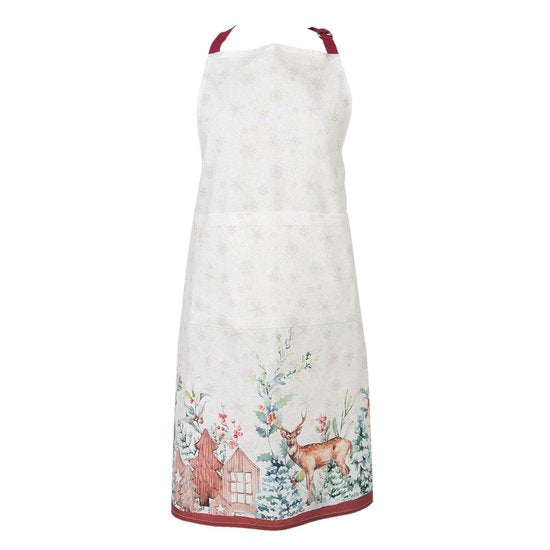 Clayre & Eef Keukenschort 70*85 cm Wit Groen Rood Katoen hert in winterbos BBQ Schort Cadeau voor haar Kookschort