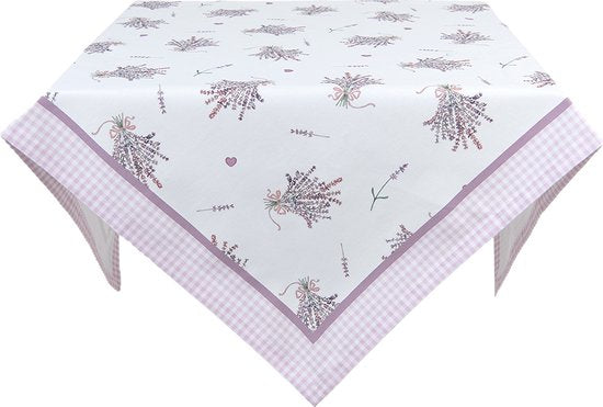 Clayre & Eef Vierkant Tafelkleed 100*100 cm Wit Groen Paars Katoen Vierkant Lavendel Tafellaken Tafellinnen Tafeltextiel
