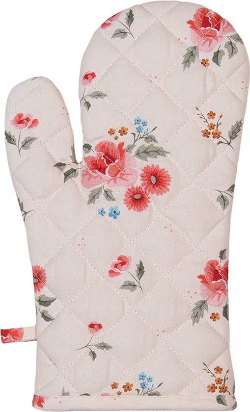 Clayre & Eef Ovenwant 18*30 cm Beige Katoen Bloemen Ovenhandschoen Cadeau voor haar
