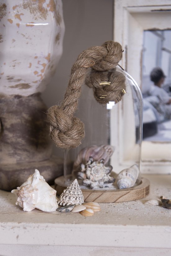 Clayre & Eef Stolp Ø 12*16 cm Transparant Hout, Glas Rond Touw Glazen Stolp Stolp op Voet