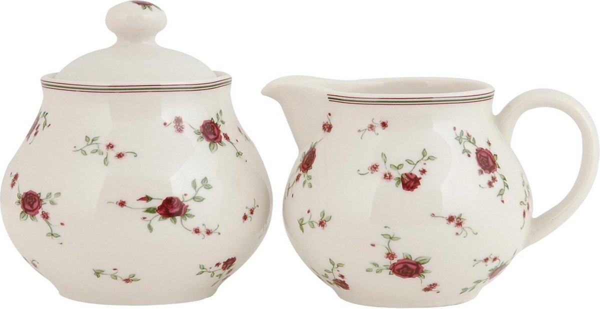 Clayre & Eef Melk en Suiker Set 12x9x8 / Ø 9x10 cm Beige Keramiek Bloemen