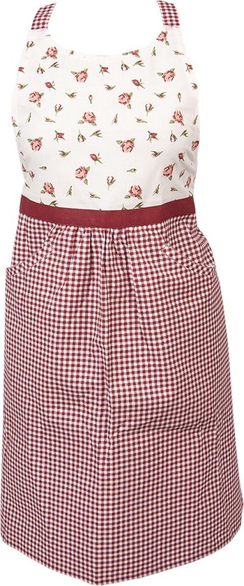 Clayre & Eef Keukenschort 70*85 cm Rood Wit Groen Katoen Roosjes BBQ Schort Cadeau voor haar Kookschort