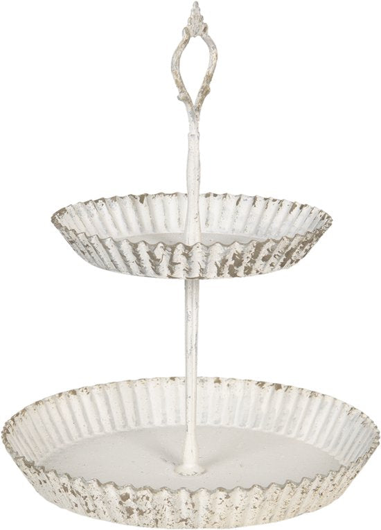 Clayre & Eef Etagère Ø 19*26 cm Wit Ijzer Rond Taartplateau op voet Serveerschaal
