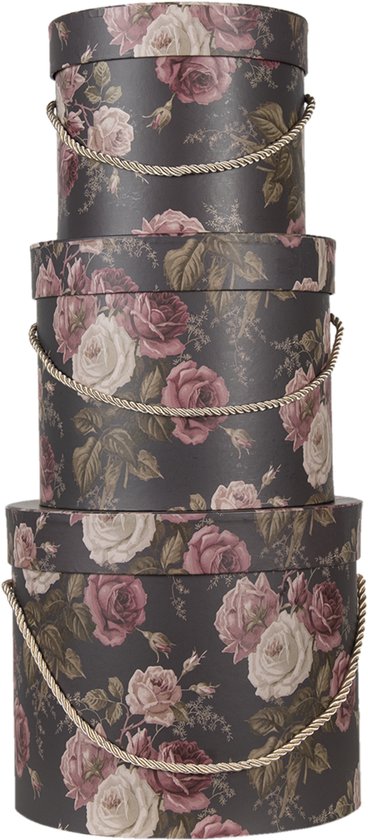 Clayre & Eef Hoedendoos Set van 3 Ø 23*20  cm Zwart Karton Bloemen Opbergdoos