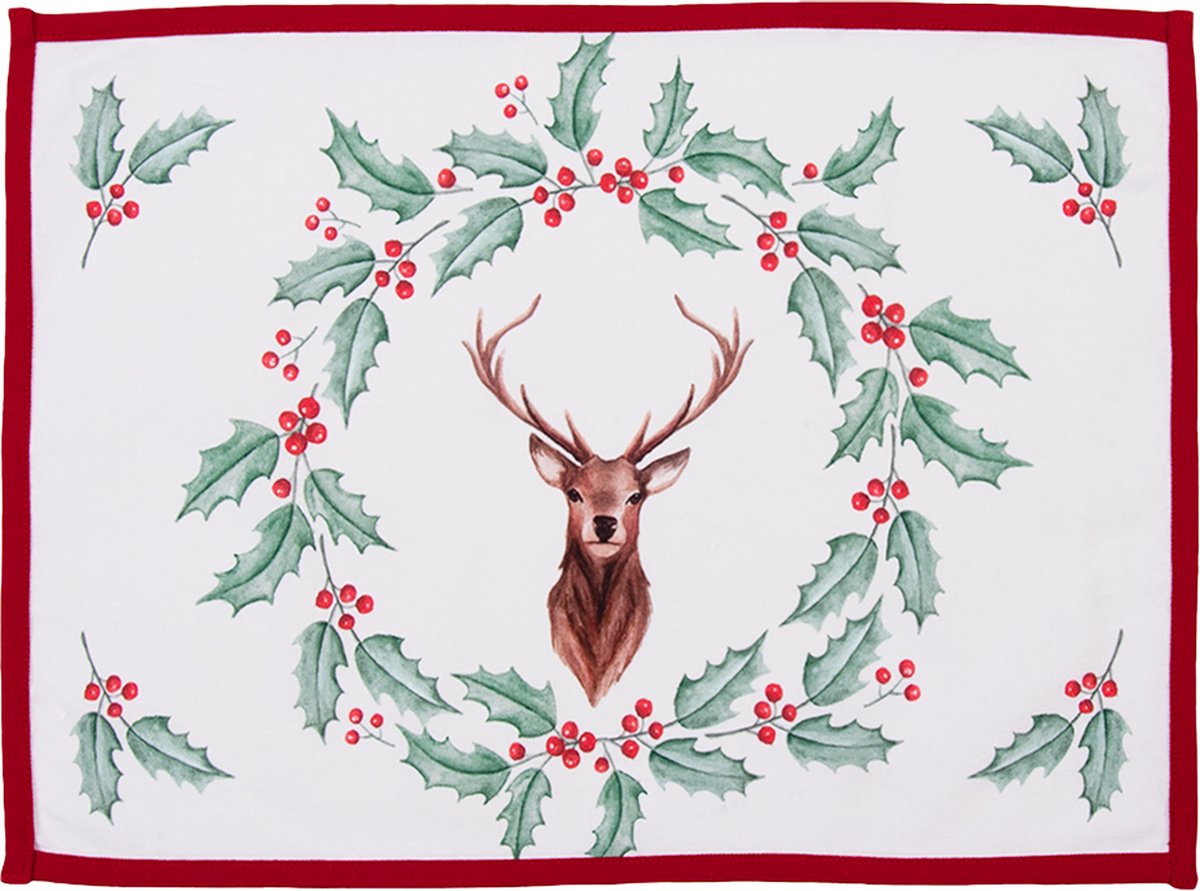 Clayre & Eef Placemats Set van 6 48x33 cm Wit Rood Katoen Rechthoek Hert Hulstbladeren Tafelmat