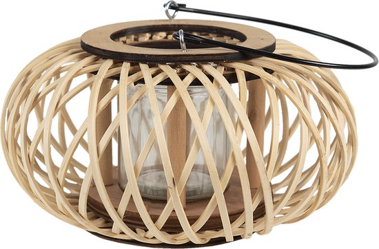 Clayre & Eef Windlicht Ø 23*12 cm Beige Bamboe Rond Kaarsenhouder Sfeerverlichting