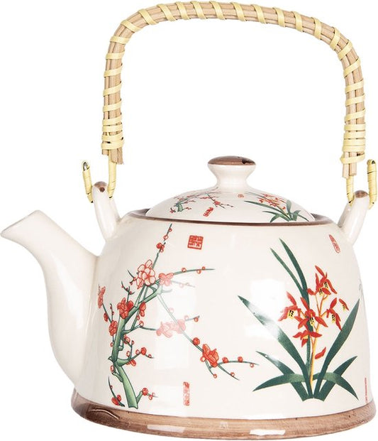 Clayre & Eef Theepot met Filter 800 ml Meerkleurig Porselein Rond Bloemen Theekan Japanse Theepot Chinese Theepot