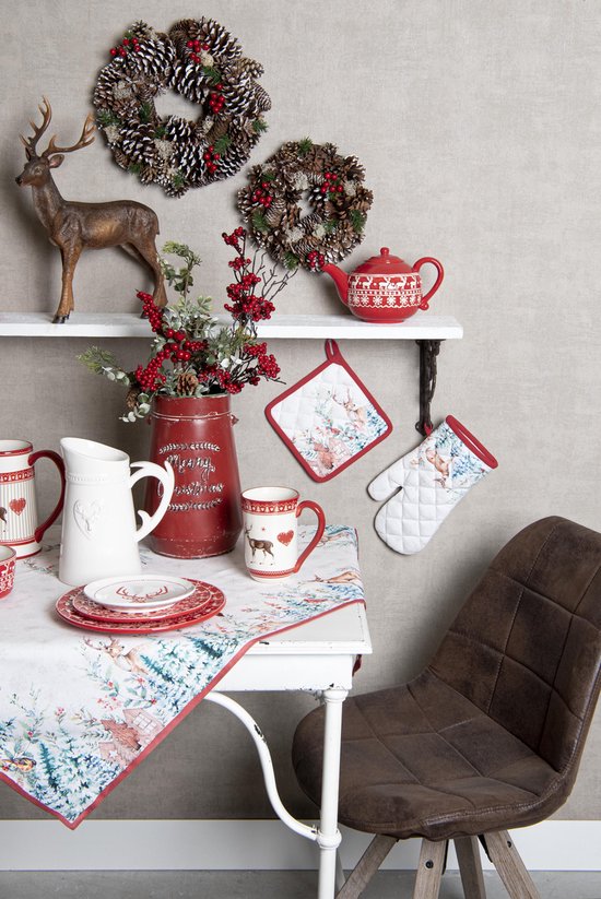 Clayre & Eef Keukenschort 70*85 cm Wit Groen Rood Katoen hert in winterbos BBQ Schort Cadeau voor haar Kookschort