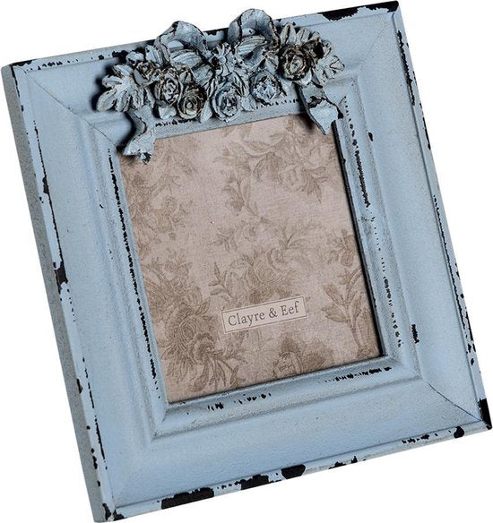 Clayre & Eef Fotolijst 16*2*17 cm / 10*10 cm Blauw MDF, Glas Rechthoek Bloemen Fotokader Wissellijst Foto Frame