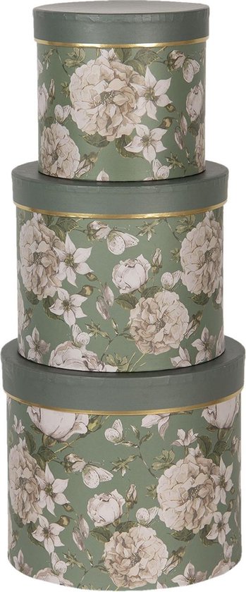 Clayre & Eef Hoedendoos Set van 3 Ø 20x17 / Ø 17x15 / Ø 14x13 cm Groen Karton Bloemen Opbergdoos Cadeaudoos