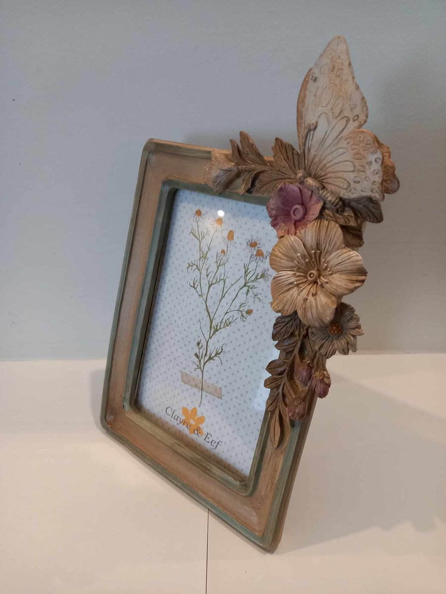 Clayre & Eef Fotolijst 10x15 cm Bruin Beige Kunststof Glas Bloemen Fotokader