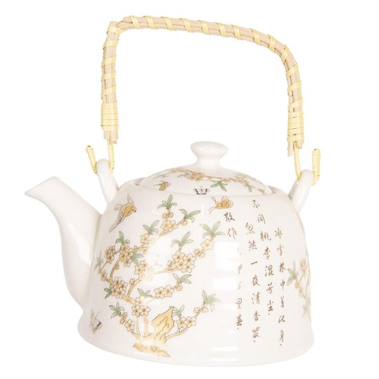 Clayre & Eef Theepot met Filter 800 ml Beige Bruin Porselein Rond Bloemen Theekan Cadeau voor haar Chinese Theepot