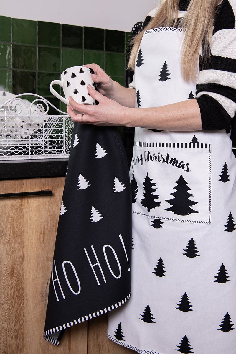 Clayre & Eef Keukenschort 70x85 cm Wit Zwart Katoen Kerstboom Merry Christmas BBQ Schort