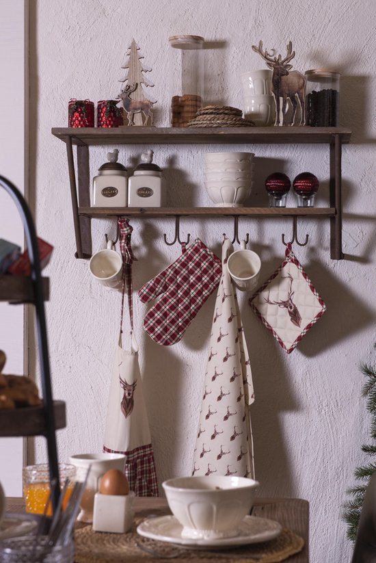 Clayre & Eef Keukenschort 70*85 cm Beige Rood Katoen Herten BBQ Schort Cadeau voor haar Kookschort
