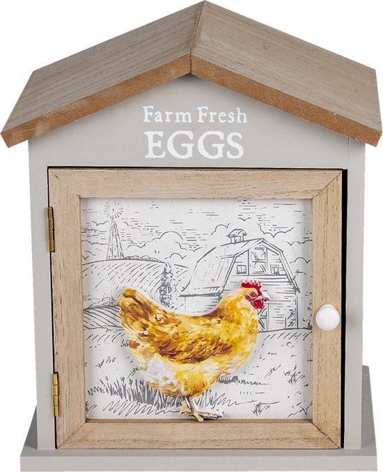 Clayre & Eef Eierkastje Huis 19*13*23 cm Bruin Hout Kip Farm Fresh Eggs Eierhouder