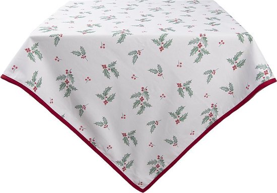 Clayre & Eef Vierkant Tafelkleed 100*100 cm Wit Rood Groen Katoen Vierkant Hulstblaadjes Tafellaken Tafellinnen Tafeltextiel