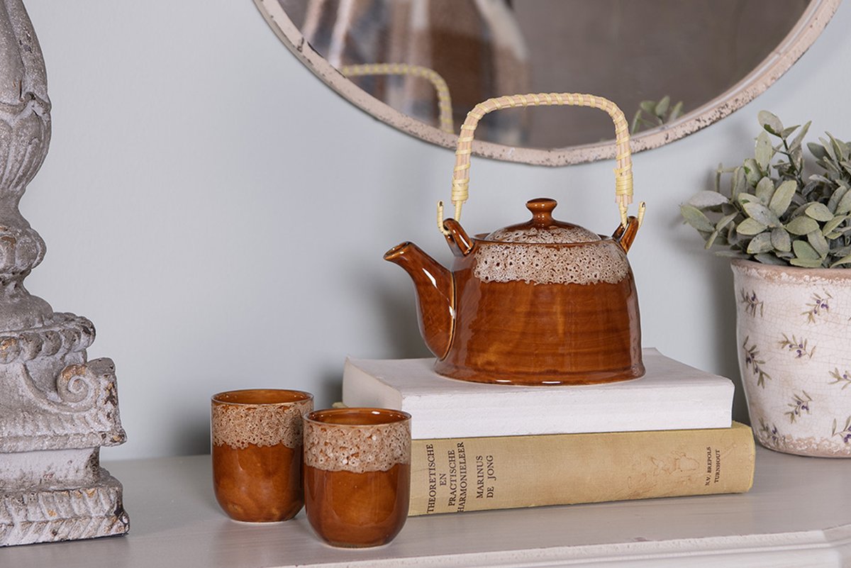 Clayre & Eef Theepot met Filter 750 ml Bruin Groen Keramiek Theekan