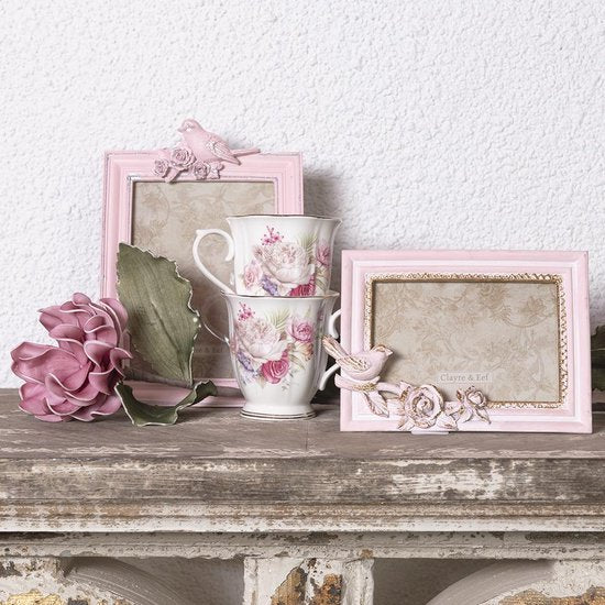 Clayre & Eef Fotolijst 16*3*24 cm / 13*18 cm Roze Kunststof, Glas Rechthoek Vogel op tak Fotokader Wissellijst Foto Frame