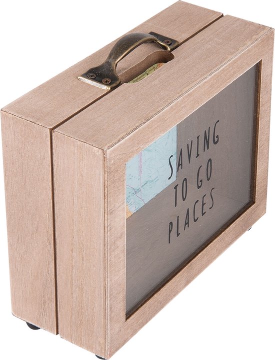 Clayre & Eef Spaarpot 18*7*17 cm Bruin MDF Glas Rechthoek Leuke Spaarpot Spaarvarken
