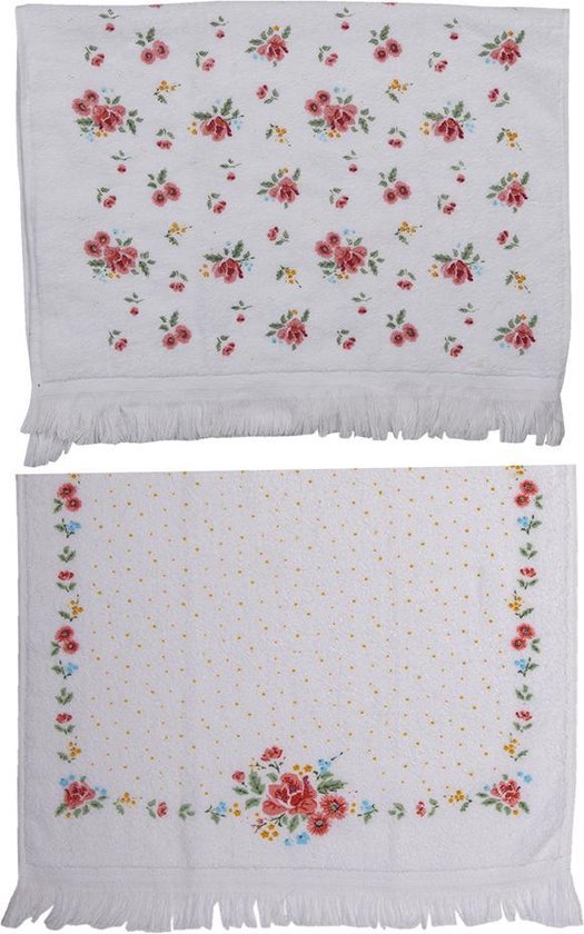 Clayre & Eef Gastendoekje Set van 2 40*66 cm Wit Rood Groen Katoen Roosjes Toilet handdoek Kleine Handdoek Gastendoek