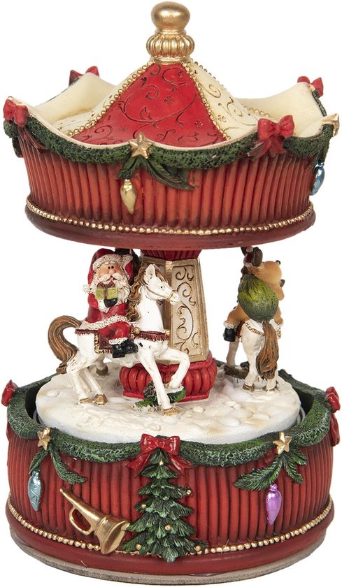 Clayre & Eef Muziekdoos Draaimolen Ø 11*17 cm Rood Kunststof Kerstdecoratie Beeld Decoratief Figuur Decoratieve Accessoires