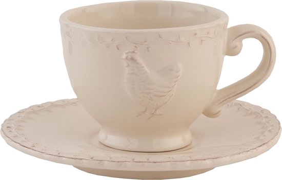 Clayre & Eef Kop en schotel 12*9*7 cm / Ø 15*2 cm / 200 ml Beige Keramiek Rond Kip Servies Cadeau voor haar Cappuccino